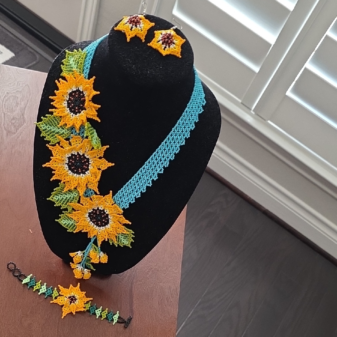 Sunflower Beaded Necklace Set - Turquoise And Yellow
